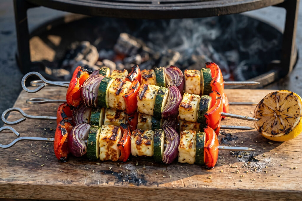 Vegetable skewer with halloumi