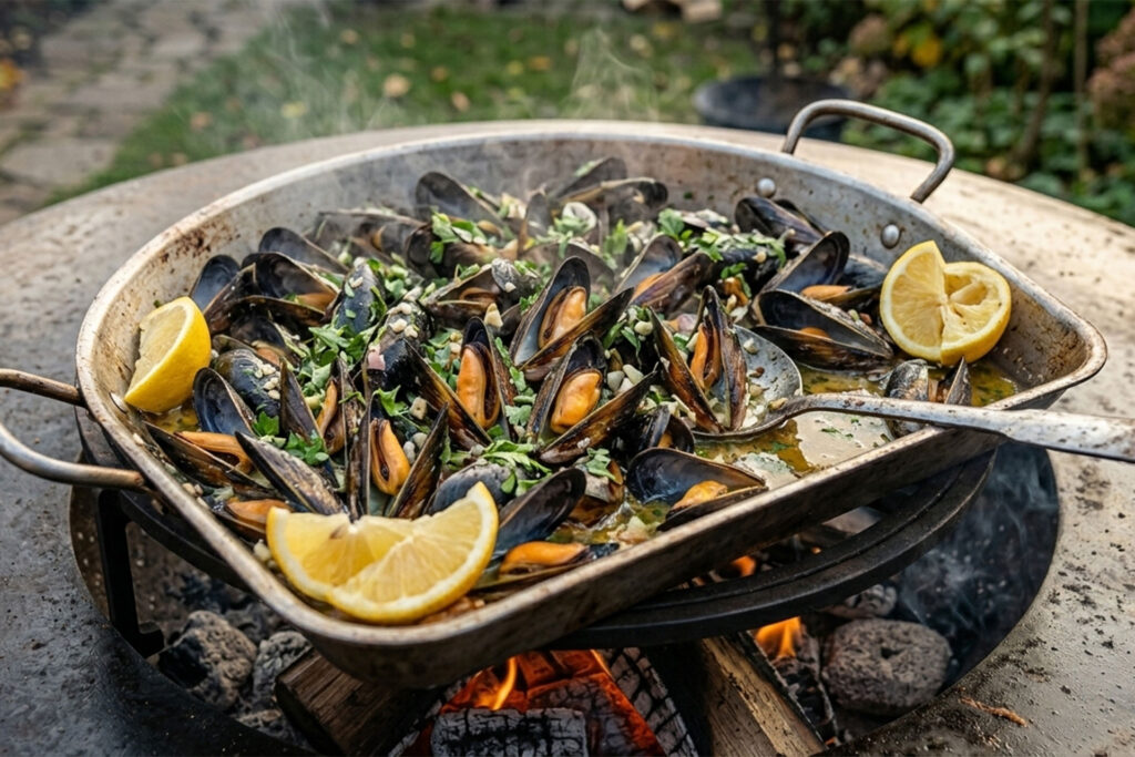 Mussels cooked on the griddle with white wine & garlic