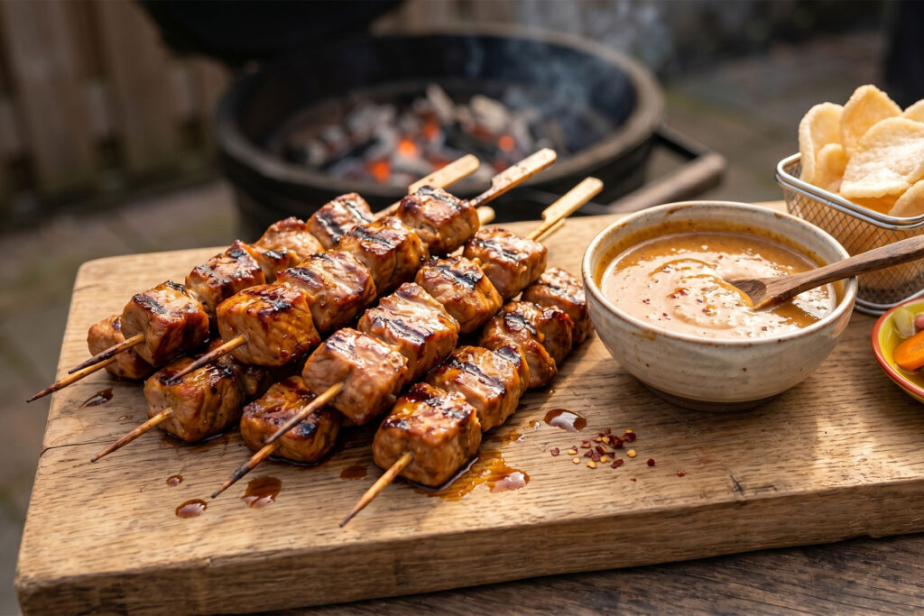 Pork tenderloin satay with peanut sauce