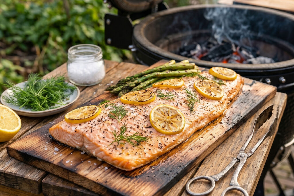 Salmon on cedar wood